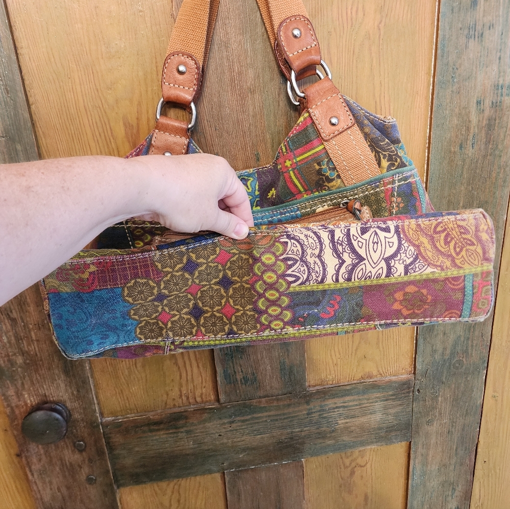 Fossil Multicolor Patchwork Canvas Shoulder Bag with Tan Leather Trim - Picture 9 of 16